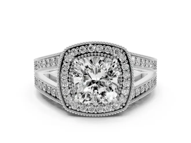 Cushion Cut Diamond Halo Ring Set in Silver with Stone-Set Split Shank and Milgrain Edges