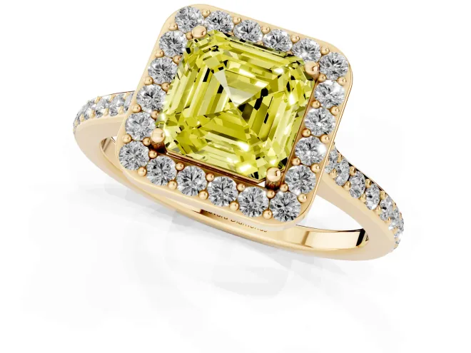 Fancy Yellow Asscher Cut Diamond Halo Engagement Ring Set in Yellow gold with Round Pavé Shoulders and Heart Gallery – second view