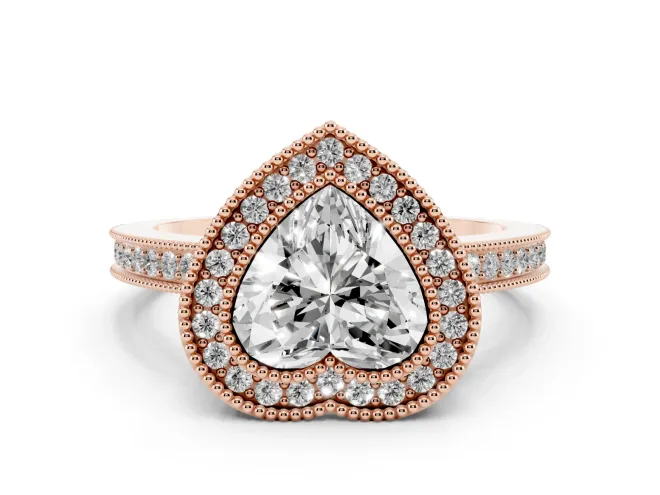 Heart Cut Diamond Halo Ring Set in Rose gold with Pavé Band and Milgrain-Edged Prongs