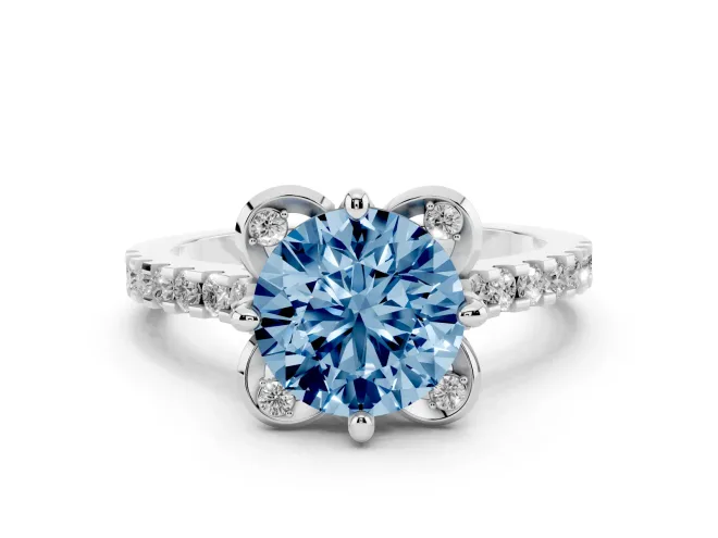 Round Floral Petal Engagement Ring Setting for a Fancy Blue Lab-Grown Diamond | Petal Accents | Sterling Silver