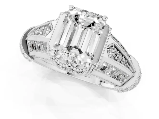 Emerald Cut Vintage Milgrain Engagement Ring Setting | Hidden Halo | Sterling Silver – second view