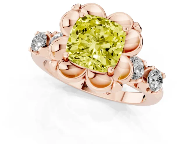 Fancy Yellow Cushion Cut Diamond Floral Halo Ring Set in Rose gold with Shared Prong Band – second view
