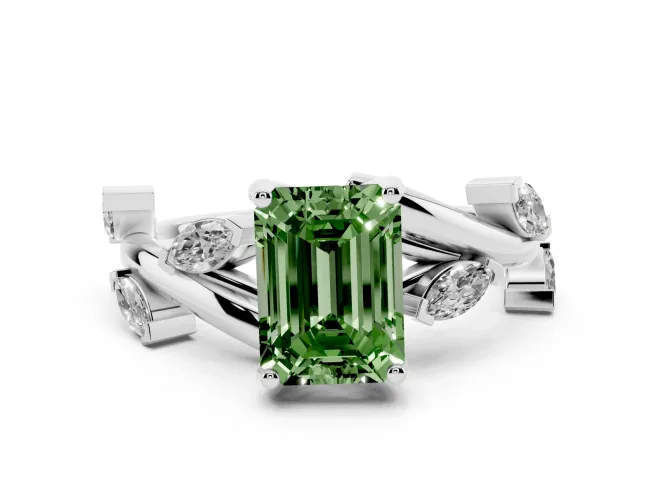 Fancy Green Emerald Cut Diamond Solitaire Ring Set in White gold with Twisted Marquise Accent Band