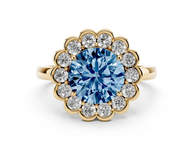 Round Scalloped Cluster Halo Engagement Ring Setting for a Fancy Blue Lab-Grown Diamond | Plain Band | Yellow Gold