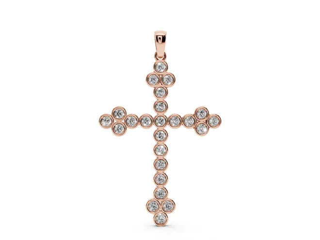 Round Lab-Grown Diamond Bezel Cross Pendant Necklace | Trefoil Ends | Rose Gold