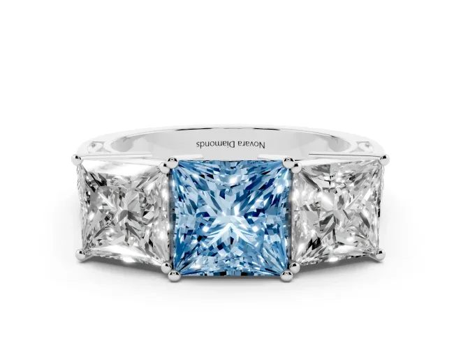 Fancy Blue Princess Cut Diamond Three-Stone Ring Set in White gold with Textured Band