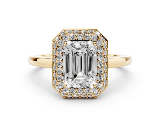 Emerald Cut Diamond Halo Engagement Ring Set in Yellow gold with Solitaire Band and Prong Setting