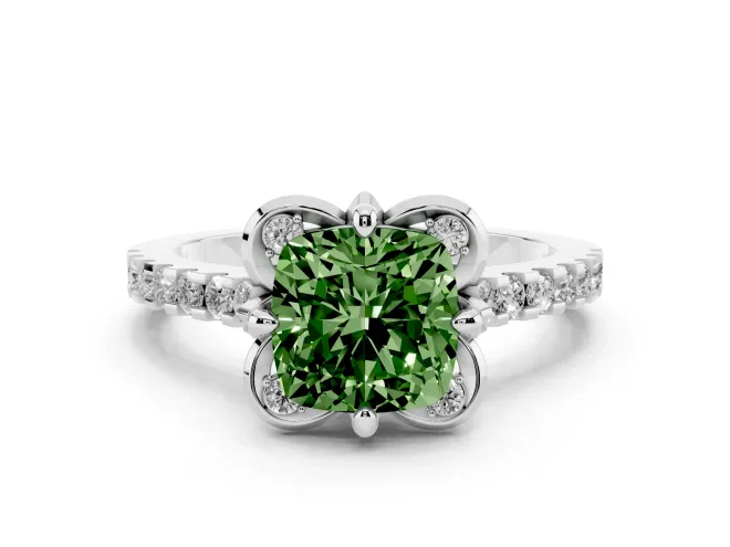 Fancy Green Cushion Cut Diamond Solitaire Ring Set in White gold with Pavé Band and Floral Prong Setting