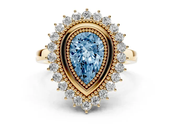 Pear-Shaped Bezel Halo Engagement Ring Setting for a Fancy Blue Lab-Grown Diamond | Yellow Gold