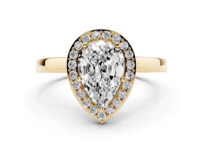 Pear Cut Diamond Halo Ring Set in Yellow gold with Solitaire Band and Prong Setting
