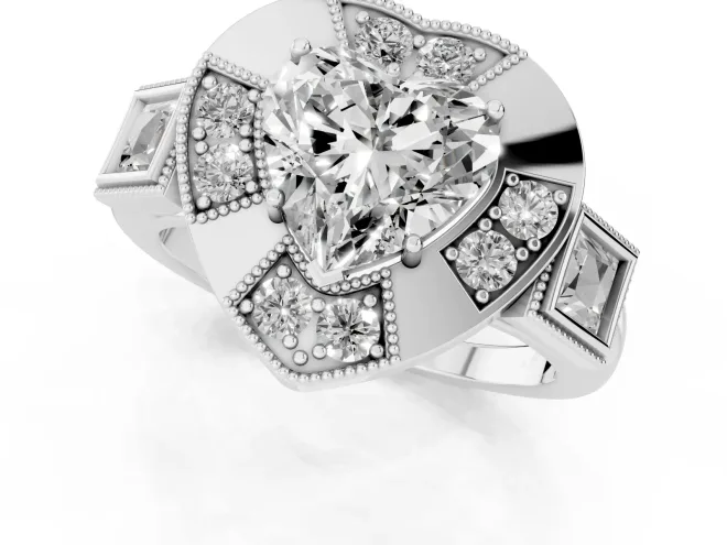 Heart Cut Diamond Milgrain Halo Ring Set in Silver with Split Shank – second view