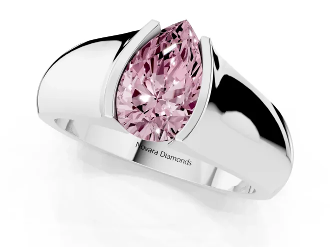 Fancy Pink Pear Cut Diamond Bezel Solitaire Ring Set in Platinum with Wide Band – second view