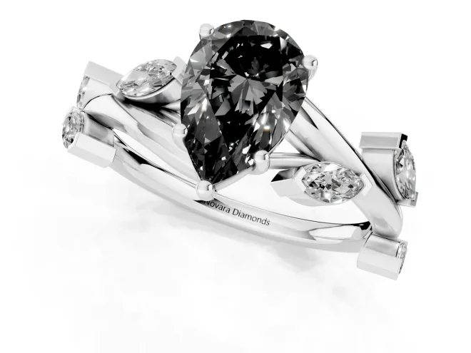 Fancy Black Pear Cut Diamond Solitaire Ring Set in White gold with Twisted Marquise Accent Band – second view