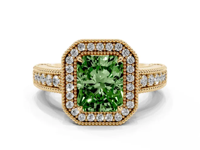 Radiant Cut Milgrain Halo Engagement Ring Setting for a Fancy Green Lab-Grown Diamond | Carved Leaf Detail | Yellow Gold