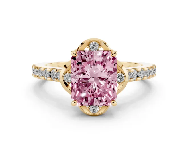 Fancy Pink Radiant Cut Diamond Solitaire Ring Set in Yellow gold with Pavé Band and Floral Prong Setting