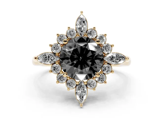Round Cluster Halo Engagement Ring Setting for a Black Center | Yellow Gold