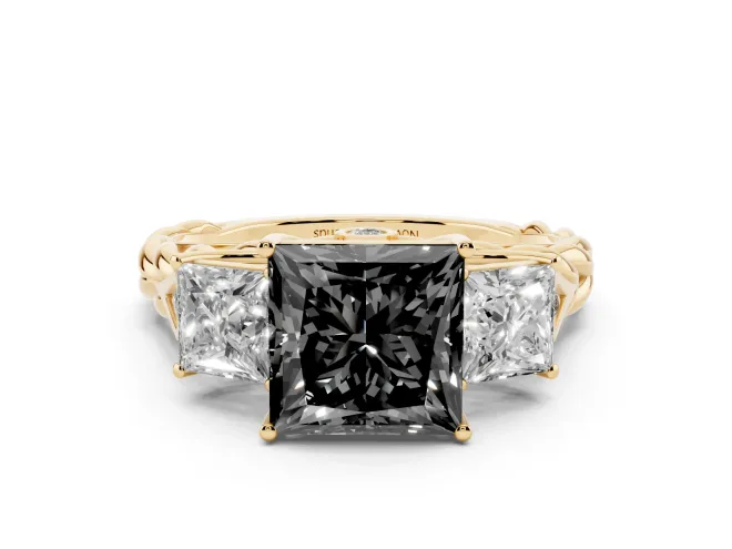 Princess Cut Three Stone Engagement Ring Setting for a Black Center | Braided Band | Yellow Gold