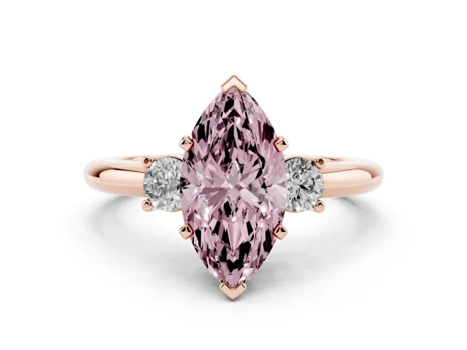 Marquise Three Stone Engagement Ring Setting for a Fancy Pink Lab-Grown Diamond | Round Side Stones | Rose Gold