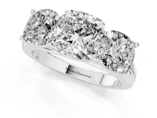 Cushion Cut Diamond Three-Stone Ring Set in Platinum with Plain Polished Band – second view