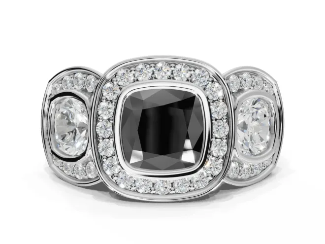 Cushion Cut Three Stone Halo Engagement Ring Setting for a Black Center | Bezel Set | White Gold