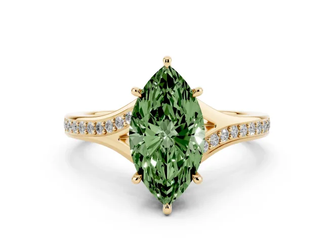 Marquise Pavé Solitaire Engagement Ring Setting for a Fancy Green Lab-Grown Diamond | Sweeping Shoulders | Yellow Gold