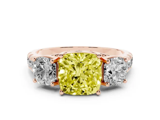 Fancy Yellow Cushion Cut Diamond Three-Stone Ring Set in Rose gold with Pavé Band