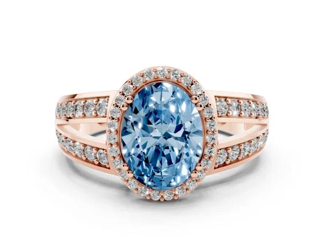 Fancy Blue Oval Cut Diamond Halo Ring Set in Rose gold with Double Pavé Split Shank