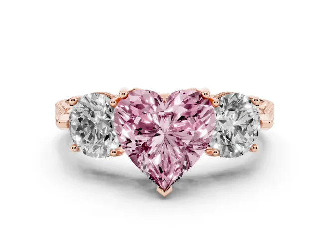 Heart-Shaped Vintage Three Stone Engagement Ring Setting for a Fancy Pink Lab-Grown Diamond | Milgrain Band | Rose Gold