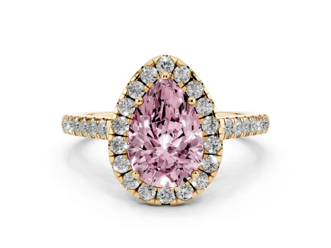 Fancy Pink Pear Cut Diamond Halo Pavé Engagement Ring Set in Yellow gold with Prong Setting