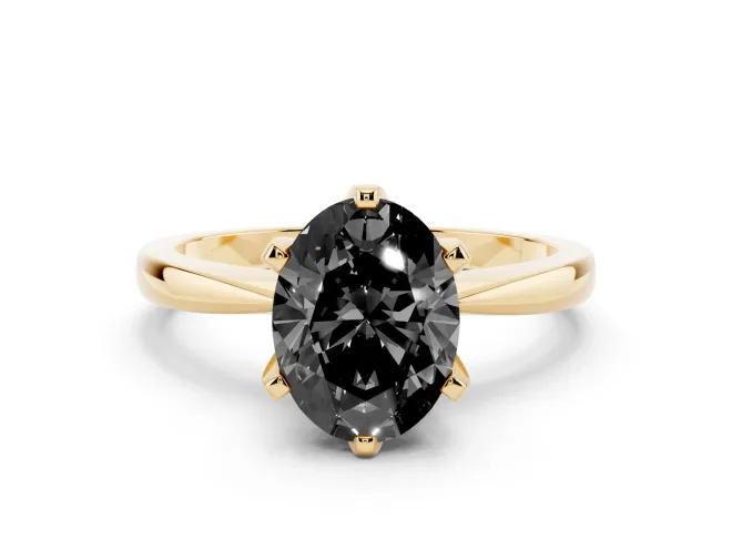 Fancy Black Oval Cut Diamond Solitaire Engagement Ring Set in Yellow gold with Slim Tapered Solitaire Band