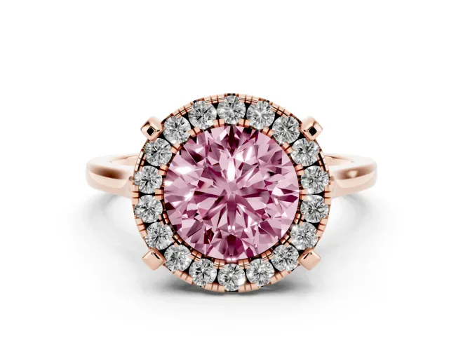 Round Halo Engagement Ring Setting for a Fancy Pink Lab-Grown Diamond | Claw Corners | Rose Gold