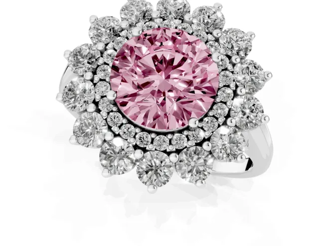 Fancy Pink Round Cut Diamond Floral Double Halo Ring Set in White gold with Round Petals – second view