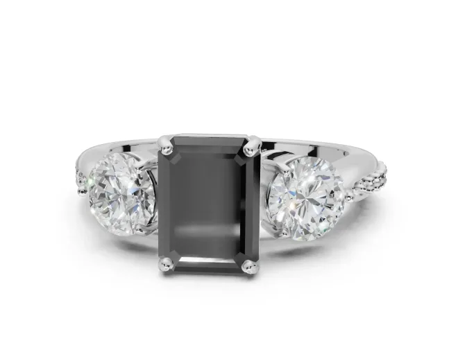 Emerald Cut Three Stone Engagement Ring Setting for a Black Center | Tapered Pavé Band | White Gold