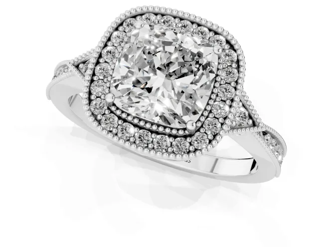 Cushion Cut Diamond Halo Engagement Ring Set in White gold with Milgrain Pavé Band – second view