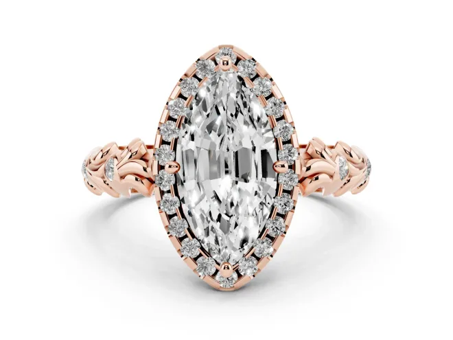Marquise Cut Diamond Halo Ring Set in Rose gold with Filigree Leaf Band and Prong Setting