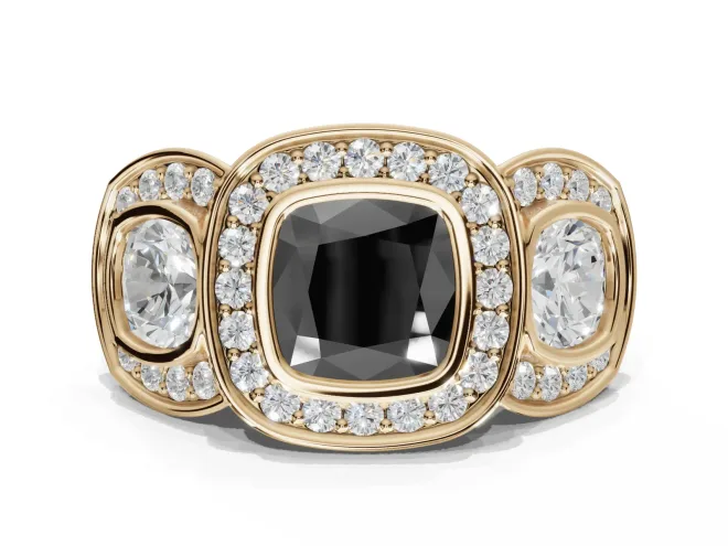 Cushion Cut Three Stone Halo Engagement Ring Setting for a Black Center | Bezel Set | Yellow Gold