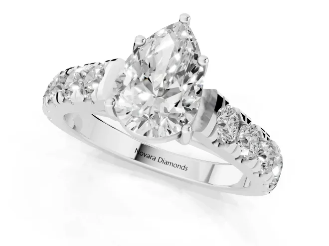 Pear Cut Diamond Solitaire Ring Set in White gold with Cut-Down Micro Pavé Band and Prong Setting – second view
