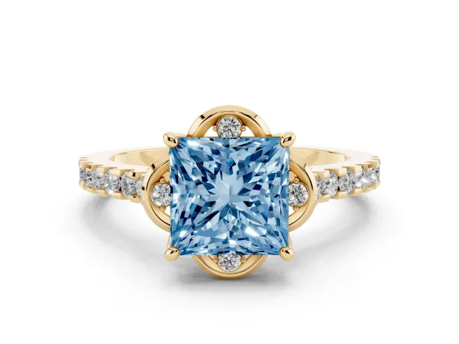 Fancy Blue Princess Cut Diamond Solitaire Ring Set in Yellow gold with Pavé Band and Floral Prong Setting