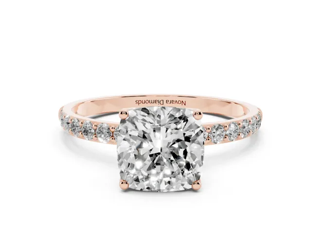 Cushion Cut Pavé Solitaire Engagement Ring Setting | Fine Line Pavé Band | Rose Gold