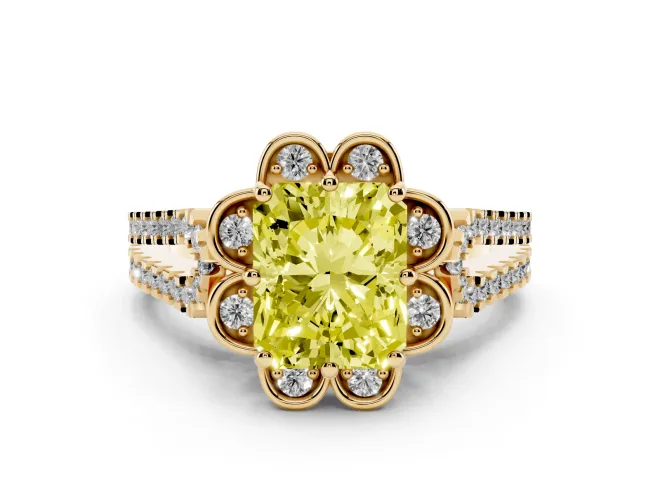 Radiant Cut Floral Halo Engagement Ring Setting for a Fancy Yellow Lab-Grown Diamond | Pavé Split Shank | Yellow Gold
