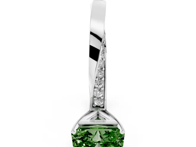 Fancy Green Radiant Cut Diamond Engagement Ring Set in Platinum with Side Stone Accents and Prong Setting