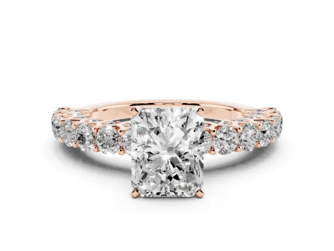 Radiant Cut Shared Prong Engagement Ring Setting | Two-Row Band | Rose Gold