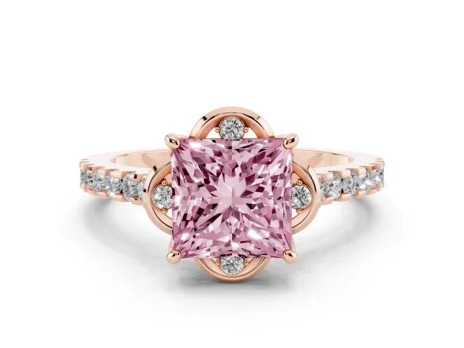 Fancy Pink Princess Cut Diamond Solitaire Ring Set in Rose gold with Pavé Band and Floral Prong Setting