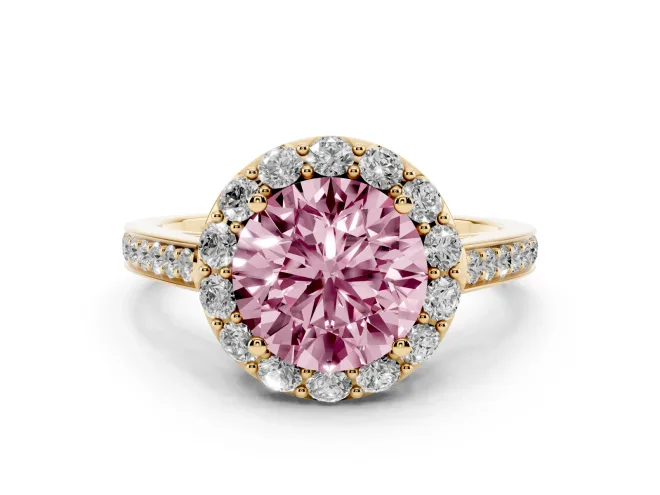 Round Floral Halo Engagement Ring Setting for a Fancy Pink Lab-Grown Diamond | Large Round Accents | Yellow Gold