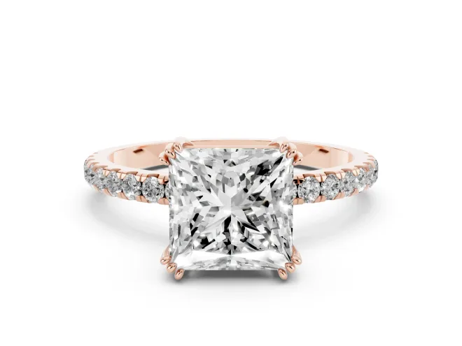 Princess Cut Pave Solitaire Engagement Ring Setting | Double Claw Prongs | Rose Gold
