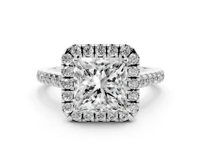 Princess Cut Halo Engagement Ring Setting | Pavé Shoulders | White Gold