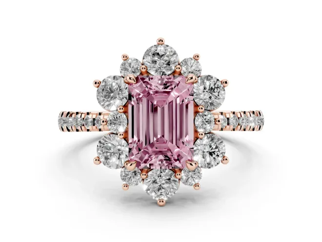 Fancy Pink Emerald Cut Diamond Floral Halo Ring Set in Rose gold with Round Pavé Band and Prong Setting