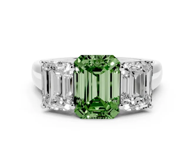 Fancy Green Emerald Cut Diamond Three-Stone Ring Set in Platinum with Plain Polished Band