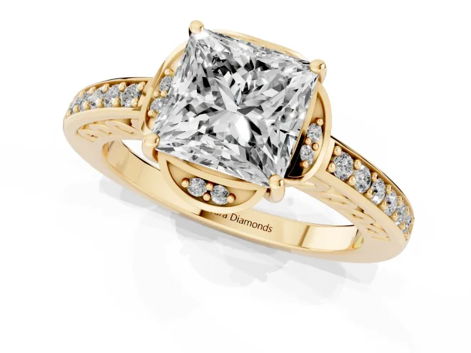 Princess Cut Diamond Halo Ring Set in Yellow gold with Channel Set Band and Prong Setting – second view