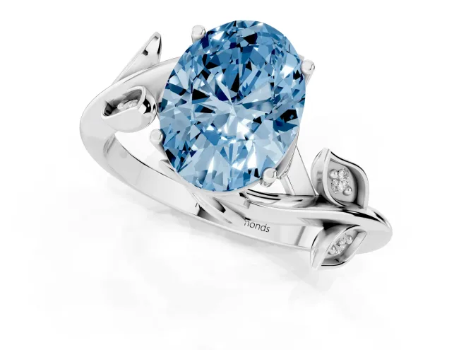 Fancy Blue Oval Cut Diamond Solitaire Twist Engagement Ring Set in White gold with Pavé Leaf Accents – second view